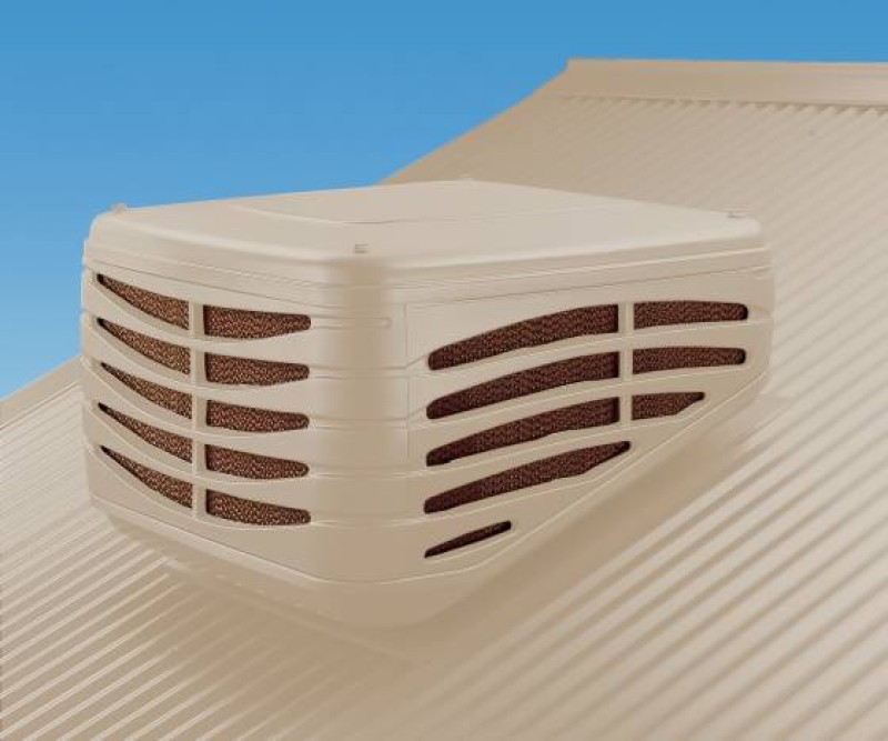 Evaporative cooler in top of roof.