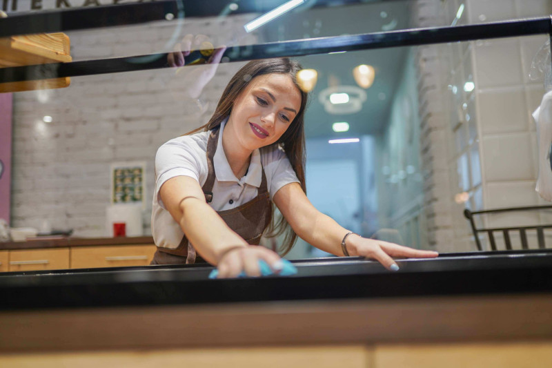 Lady cleaning and maintaining commercial refrigeration unit.